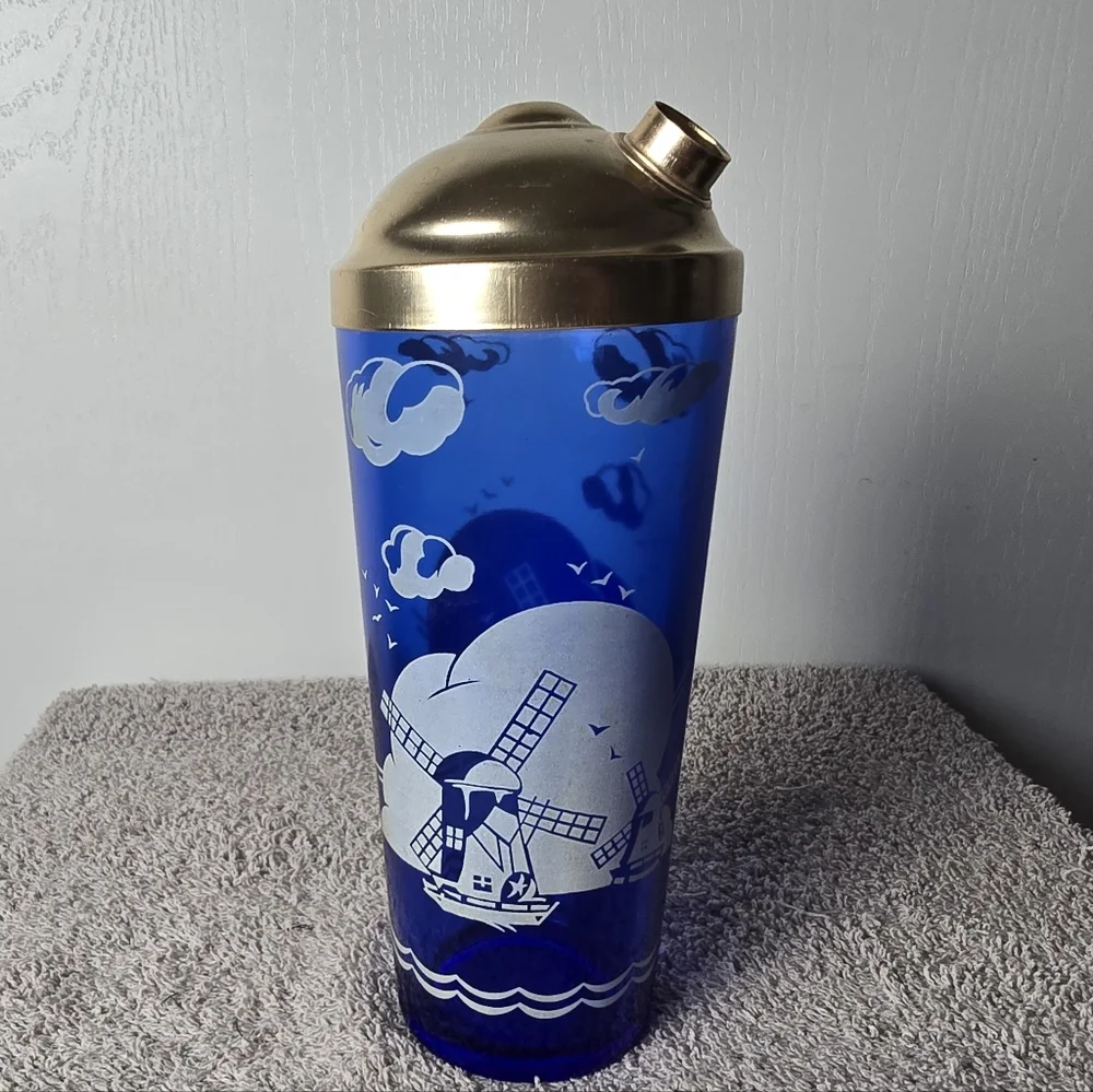 Vintage Hazel Atlas Cobalt Blue Art Deco Cocktail Shaker Windmill Pattern No Cap
